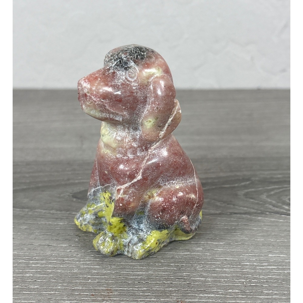 Vintage Hand Carved Stone Dog Figurine Red Pink Yellow Mineral Sculpture 3.25"